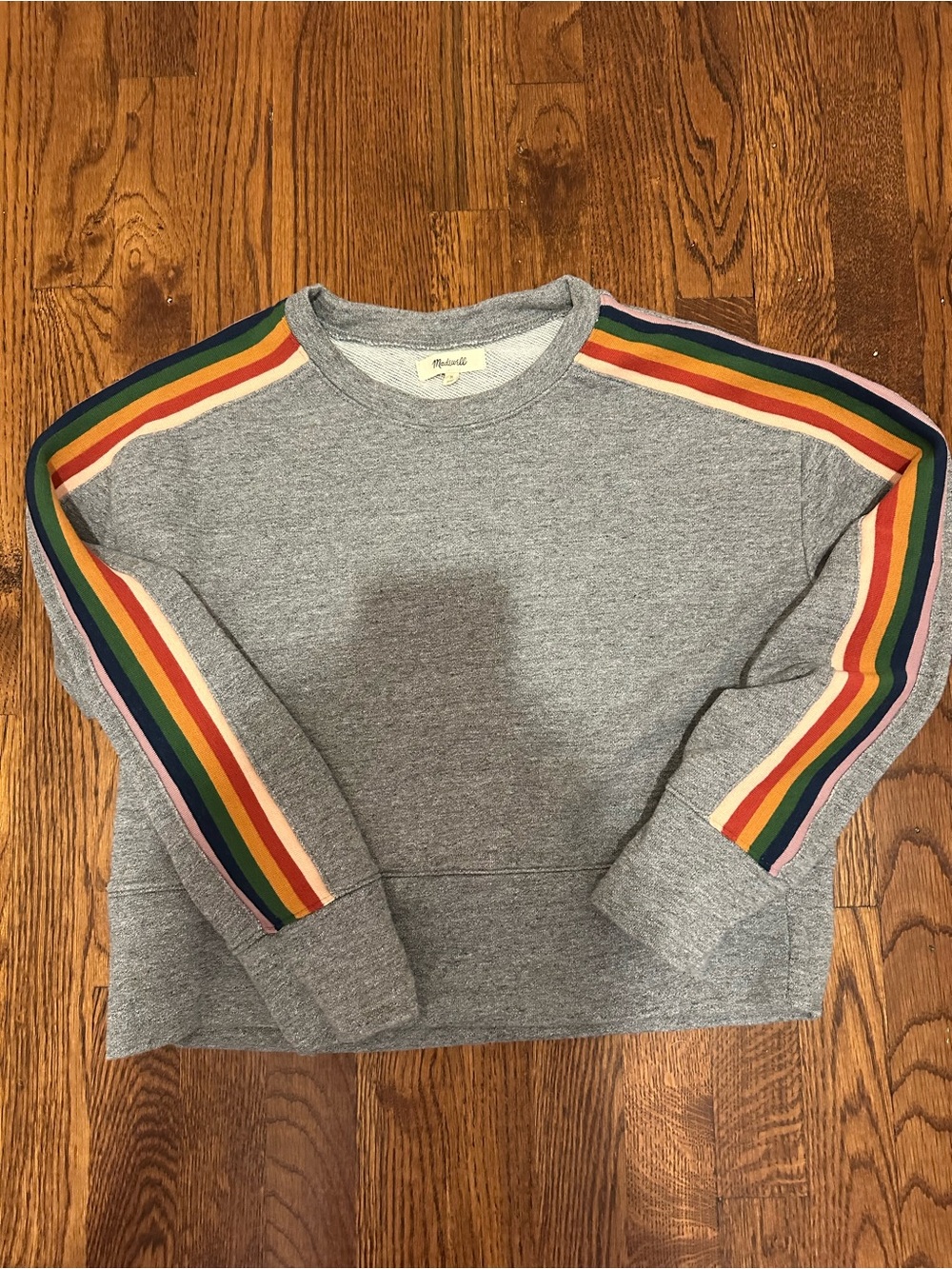 Madewell Heather Gray Sweatshirt with Rainbow Sleeve Stripes